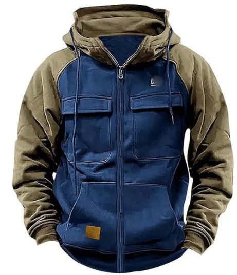 Spring And Autumn New Men's Hooded Solid Color Youth Sports Multi-Pocket Leather Patch Sweatshirt Workwear_voghion.com