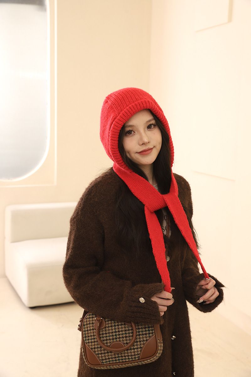 Cappello passamontagna rosso per donna in autunno inverno, caldo e spesso lavorato a maglia, protezione integrata per collo e orecchie, cappello di lana, alla moda_voghion.com
