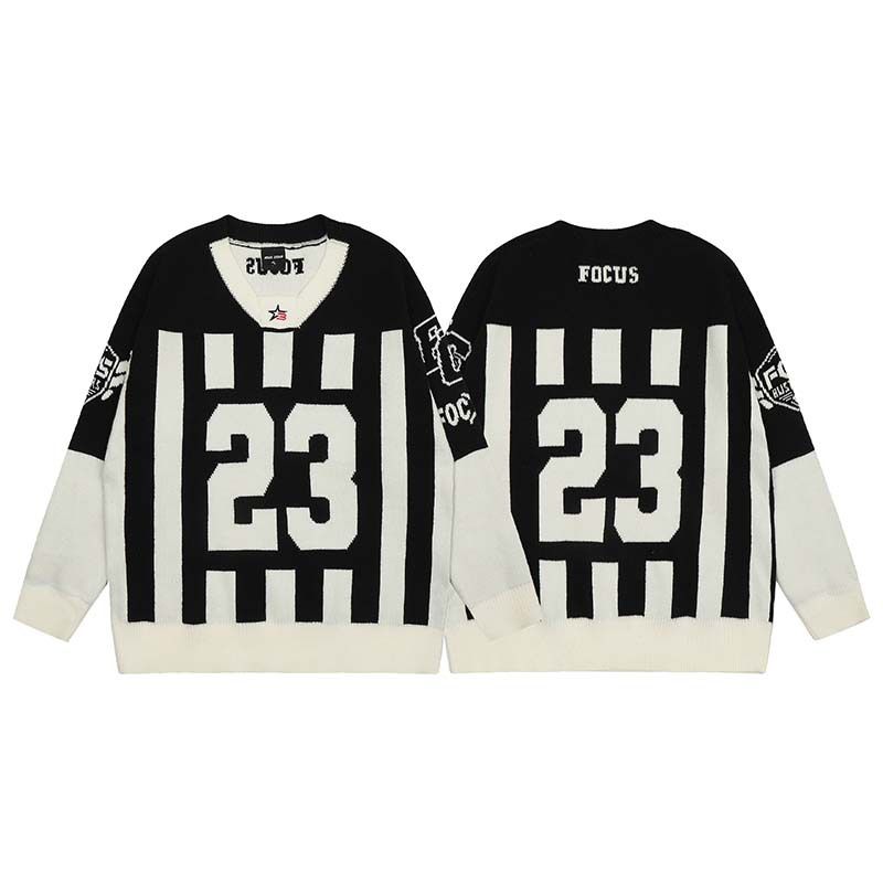 Ropa para hombre Marca de moda Jersey de punto con cuello en V y letras verticales de jacquard americano de color contrastante Suéter retro holgado y versátil para hombre_voghion.com