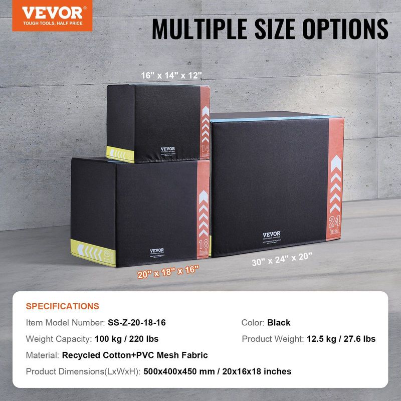 VEVOR 3 In 1 Plyometric Jump Box, 20/18/16 Inch Cotton Plyo Box, Platform & Jumping Agility Box, Anti-Slip Fitness Exercise Step Up Box For Home Gym Training, Conditioning Strength Training, Black_voghion.com