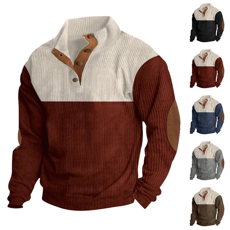 Moletom masculino plus size primavera outono 2024, casual, com blocos de cores, gola alta, esportivo, de veludo cotelê_voghion.com