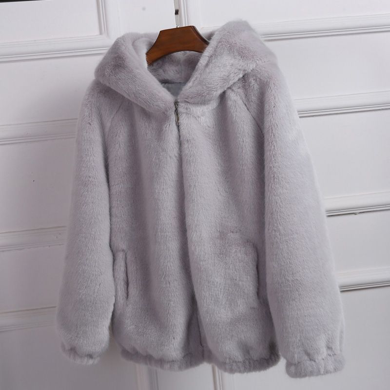 "Giacca con cappuccio in pile double-face - Cappotto oversize in peluche con cerniera (grigio/rosa/bianco) S/M/L/XL"_voghion.com