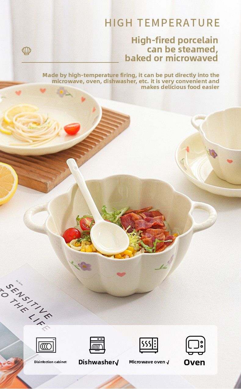 Wisteria Cream Style Ins Set Household Rice Ceramic Plate Double Ear Noodle Large Soup Bowl With Spoon_voghion.com