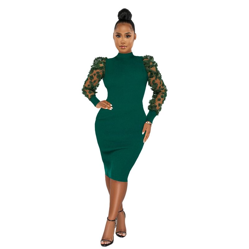 Abbigliamento da donna Elegante abito a coste con maniche in rete floreale e colletto a petalo 3D per donna_voghion.com