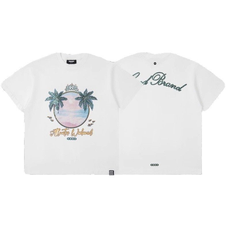 High Version GOODBRAND Mossy Earth 3D Island Coconut Grove Sequin Embroidery National Trend Unisex Short Sleeve T-Shirt_voghion.com