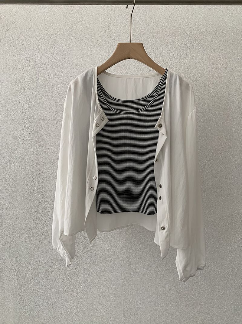 Omalai Autunno Nuovo Stile Coreano Casual Due Pezzi Set Gilet a Righe + Giacca Cardigan a Maniche Lunghe per Donna 4421_voghion.com