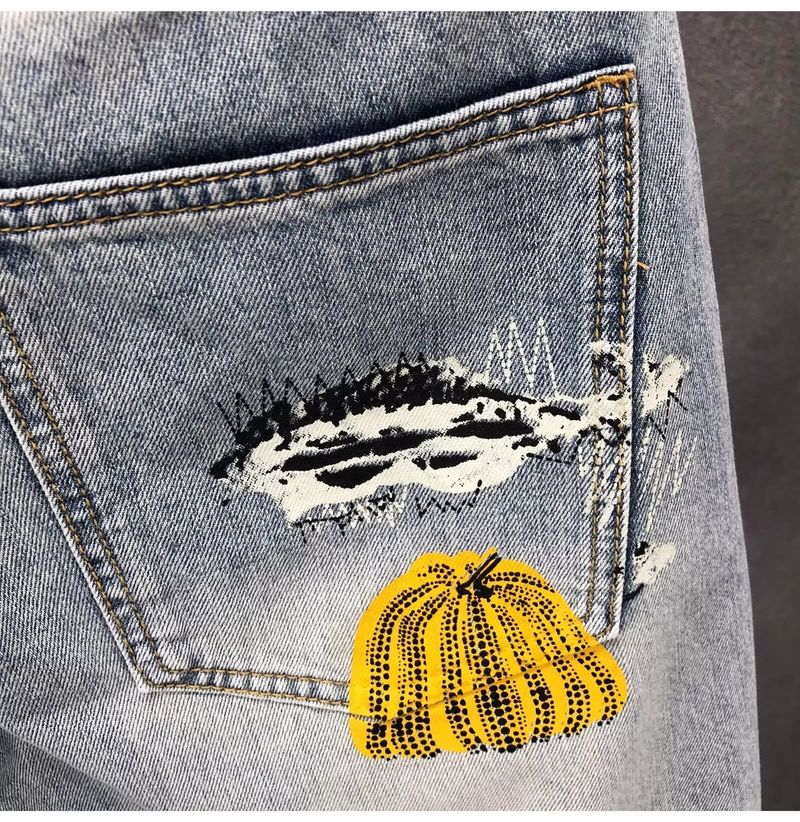 Herrenbekleidung, individuell bedruckte, lockere Jeans-Shorts, Herren-Retro-Shorts im Used-Look, hell verwaschen, große Größe_voghion.com