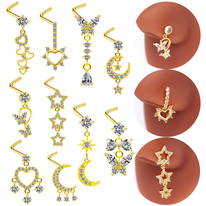 Piercing pentru nas, unghie de nas în formă de inimă, pandantiv cu cinci stele, diamant transfrontalier european și american, unghie de nas, unghie de nas, știft pentru nas_voghion.com
