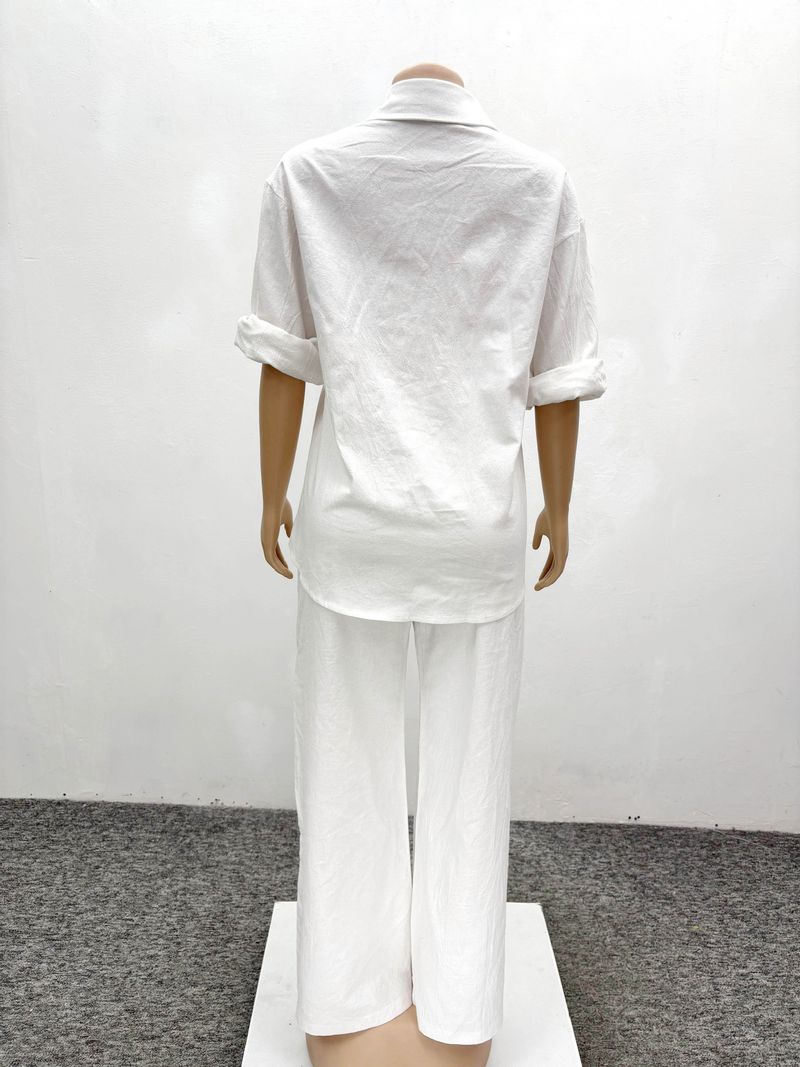 Damenbekleidung Mode Lässig Weißes Hemd Strickjacke Hose Zweiteiliges Langarmhemd_voghion.com