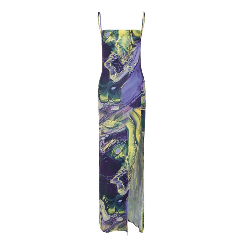 Wind Women's 2024 Summer New Fashion Print Slim Fit Split Open Back Bra Strap Dress_voghion.com
