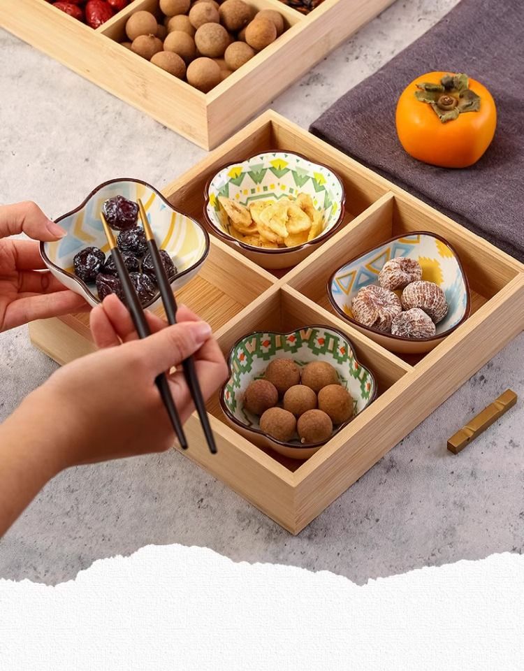 Vassoio per frutta secca in bambù ecologico, in legno Wai Loo Jiugongge, per piatti caldi, contorni, tè e snack_voghion.com