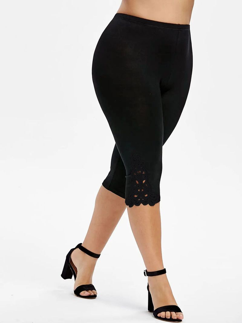 Leggings de mujer de talla grande con diseño de empalme bordado, cintura elástica delgada, leggings de tres puntos para uso exterior_voghion.com