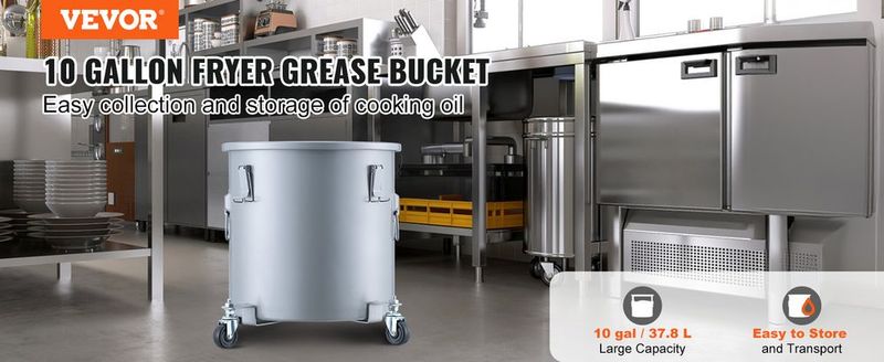 VEVOR Fryer Grease Bucket, 10 Gal Oil Disposal Caddy With Caster Base, Carbon Steel Rust-Proof Coating, Oil Transport Container With Lid, Lock Clips, Filter Bag For Hot Cooking Oil Filtering, Gray_voghion.com