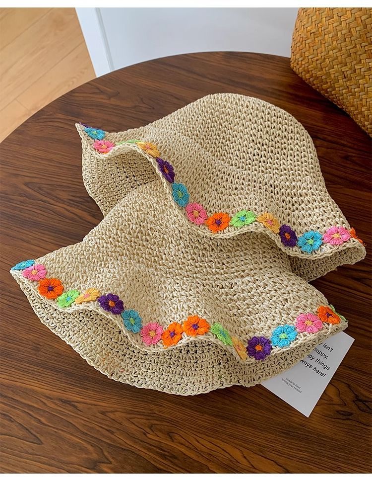 Flower Hollow Woven Strohhut Damen Ins Sommer Dopamin Eimerhut Meer Strandurlaub Sonnenschutzhut_voghion.com