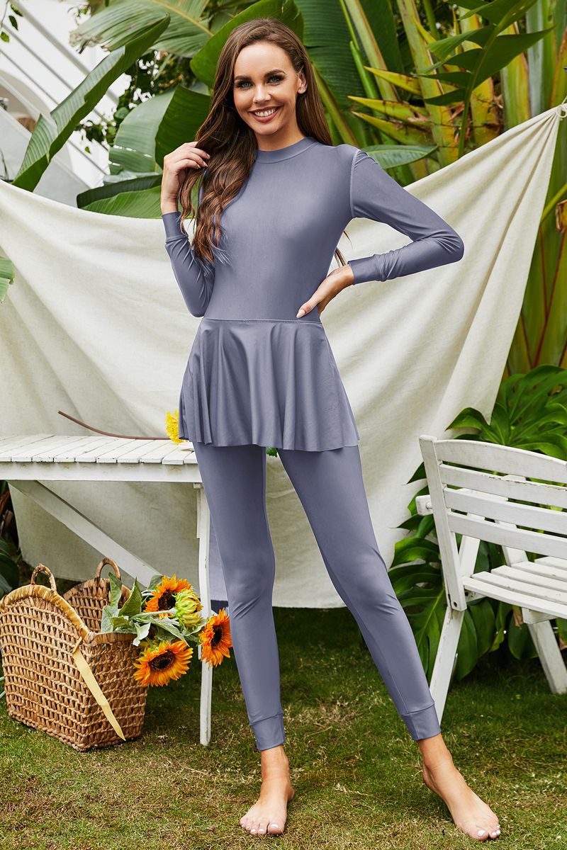Pantaloni a maniche lunghe tinta unita, costume da bagno arabo intero, costume da bagno conservatore da spiaggia e surf, con protezione solare, completamente circondato_voghion.com