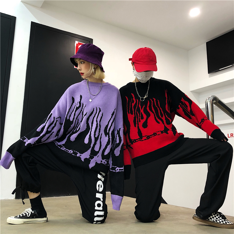 Maglione lavorato a maglia jacquard con motivo a fiamma Hip Hop pullover oversize a maniche lunghe da donna femminile 2022 autunno inverno sciolto_voghion.com