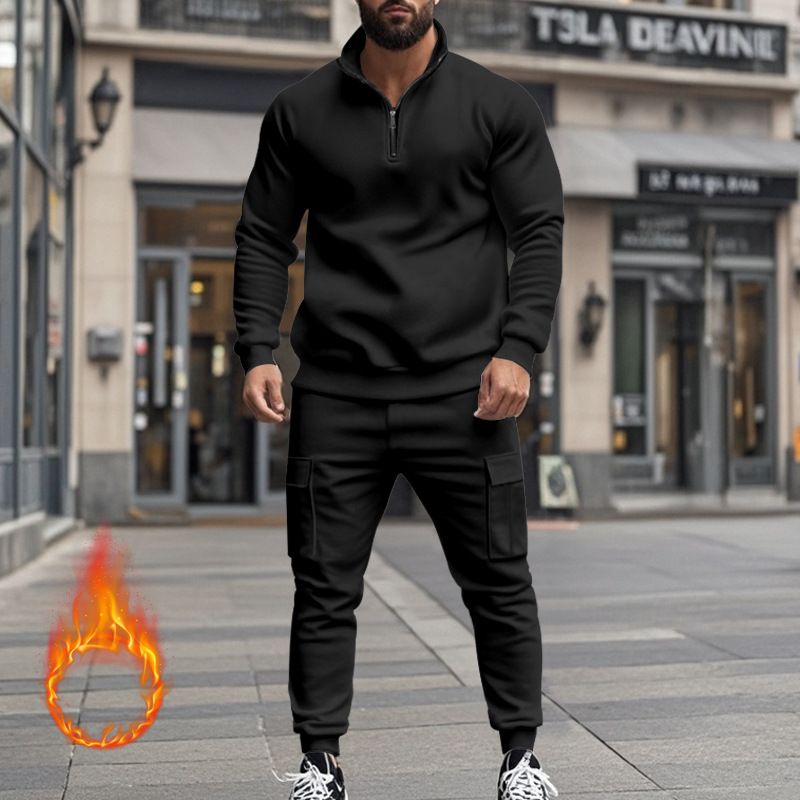Fleecegefüttertes Sweatshirt-Set mit Viertelreißverschluss für Herren – Slim Fit Thermo-Jogging-Outfit für Herbst und Winter_voghion.com