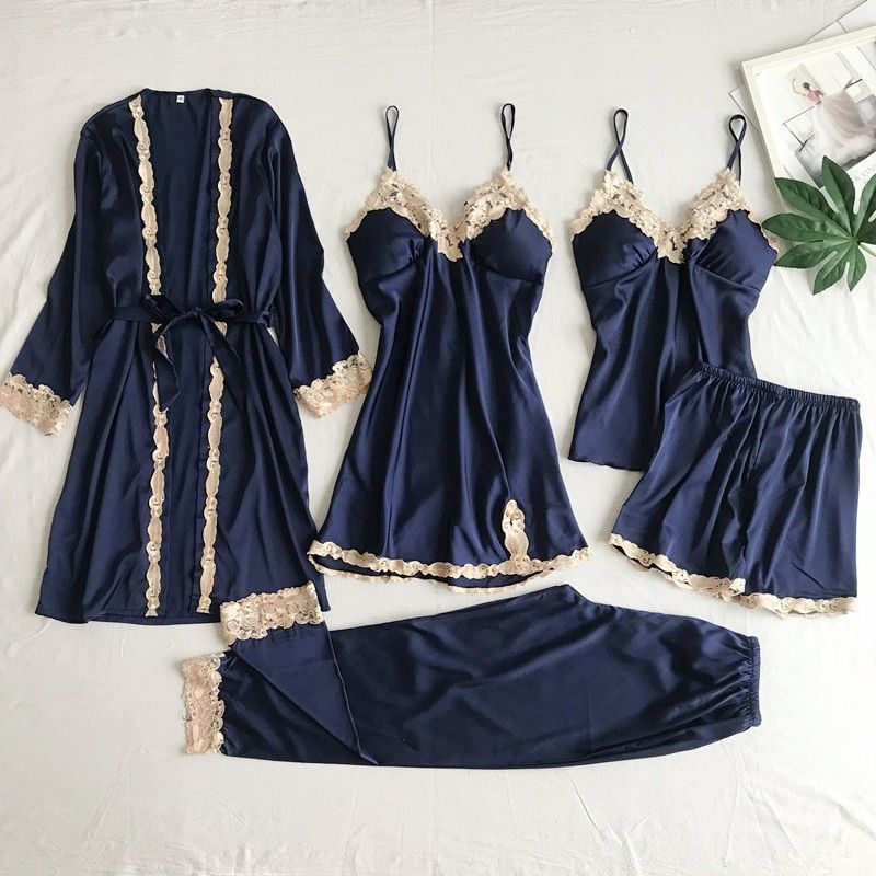 Silky Satin Sleepwear Set For Women - 5-Piece Lingerie & Robe Combo With Adjustable Straps, Plus Size Available_voghion.com