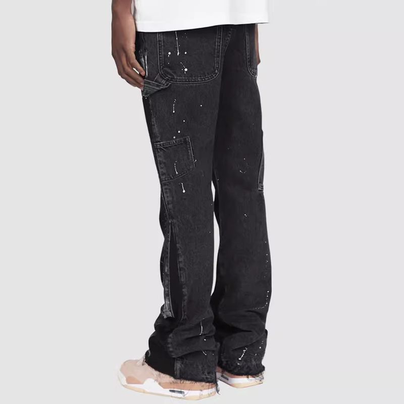 2025 Men's Fashionable Ins Workwear Elastic Patch Denim Layered Flared Pants_voghion.com