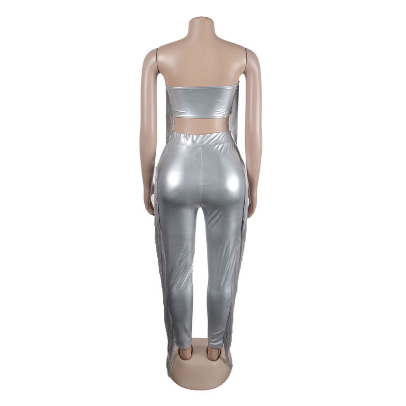 Women's sexy bust-wrapped tassel slim trousers two-piece nightclub suit_voghion.com