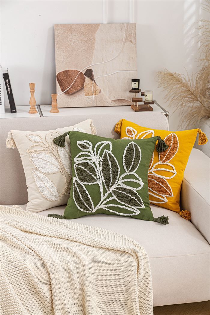 Federa per cuscino con ricamo a foglia - 45x45 cm in policotone per divano, letto, soggiorno - Arredamento moderno in stile bohémien_voghion.com