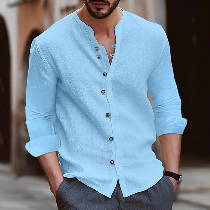 2024 New Men's Solid Cotton And Casual Button Long Sleeved Shirt_voghion.com