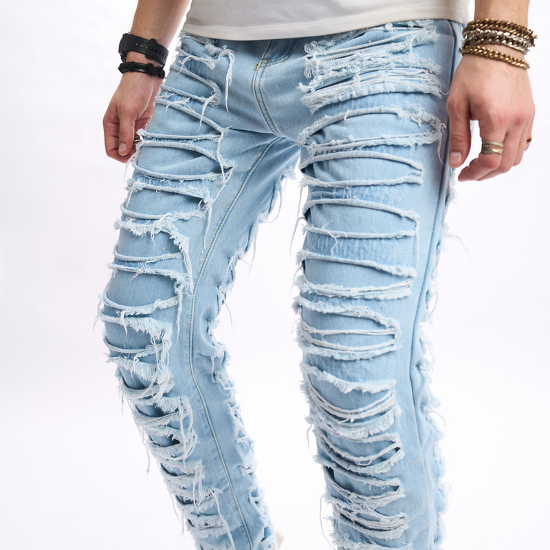 2024 Heren minimalistische effen kleur distressed tight fitting jeans heren casual small leg denim broek_voghion.com