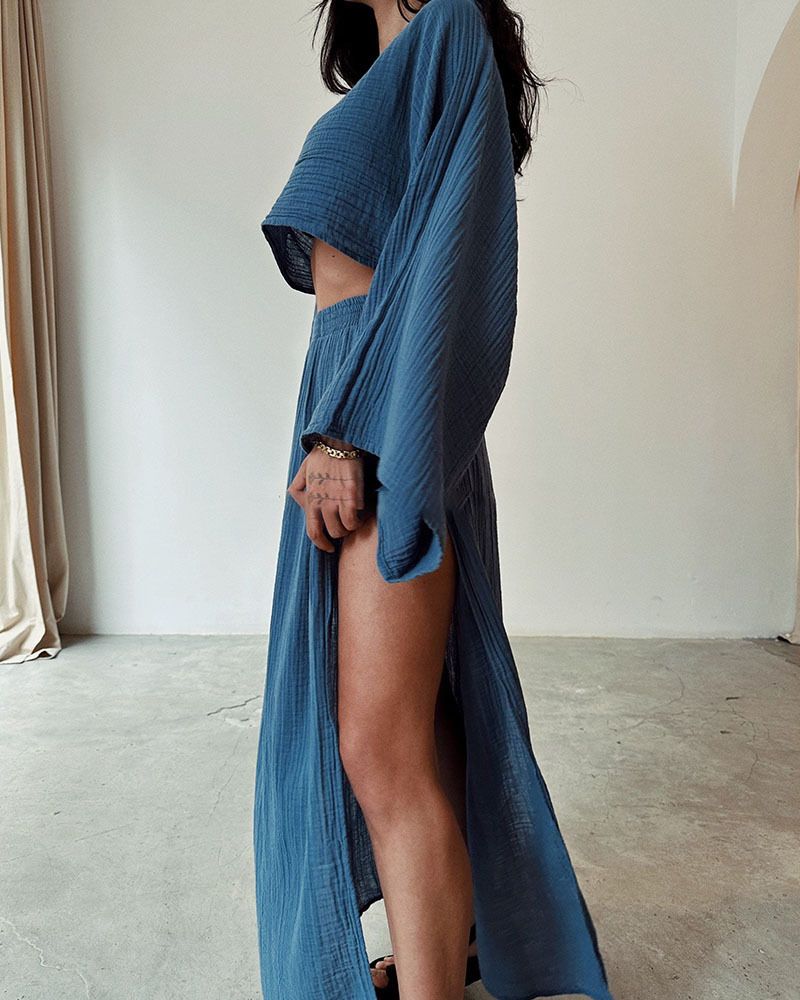 Abito corto da donna in misto lino a vita alta con spacco chic in cotone e lino casual a due pezzi_voghion.com