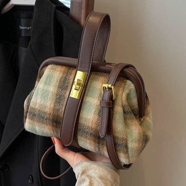 New Women's Bag Retro Versatile Handheld Small Bag Women's Autumn/winter Checkered Small Square Bag High Quality Fabric Shoulder Bag_voghion.com