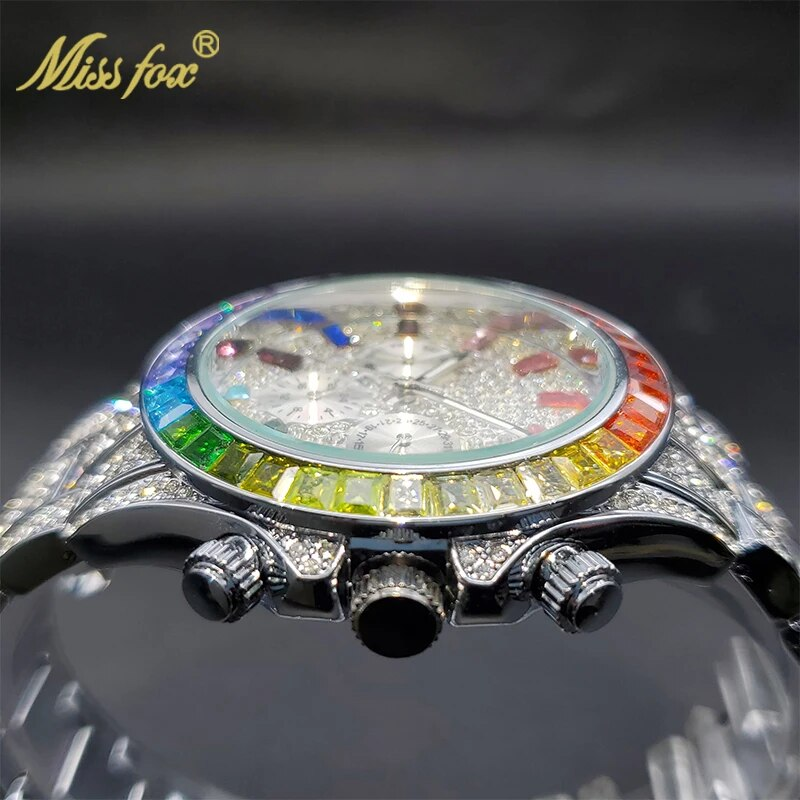 Missfox - Gouden herenhorloge, regenboogdiamanten wijzerplaat, chronograaf met drievoudige wijzerplaat, waterdicht, sportief, elegant_voghion.com