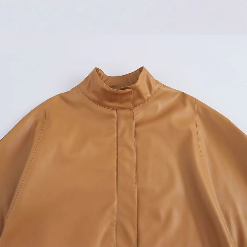 Wind 2025 Spring Fashion Zipper Short Cape Women's Leather Coat B481982_voghion.com