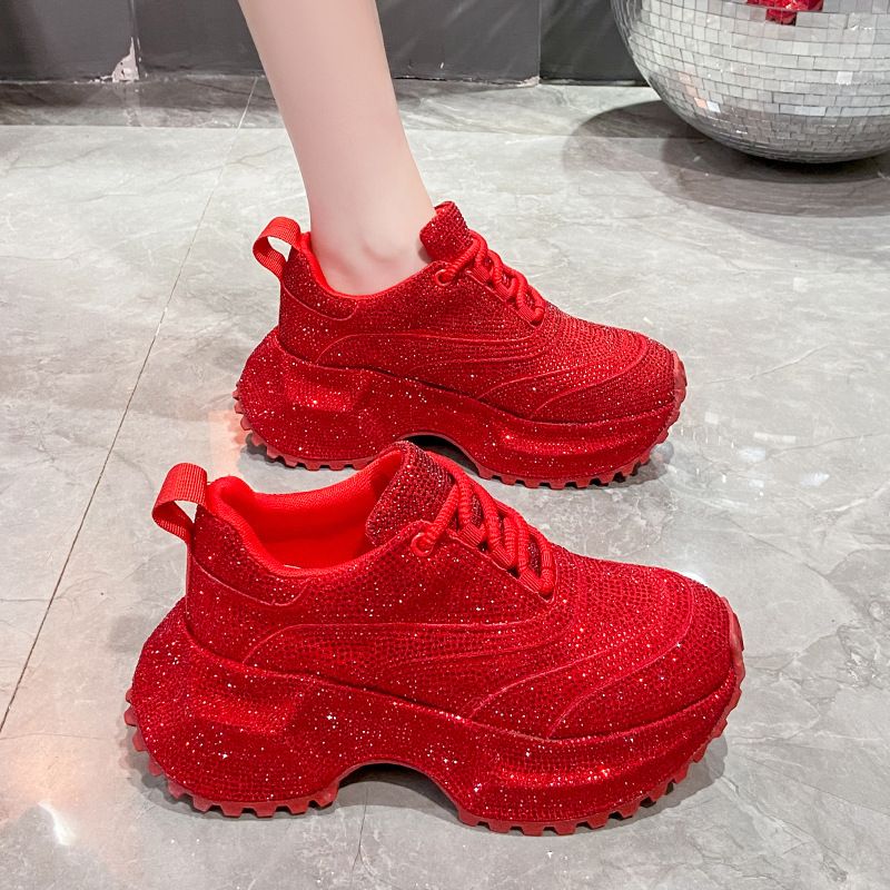 Modische Damen-Sneaker mit Strasssteinen – klobige Plateauschuhe für mehr Körpergröße, atmungsaktives Obermaterial aus PU, lässige und trendige Low-Top-Schnürschuhe_voghion.com