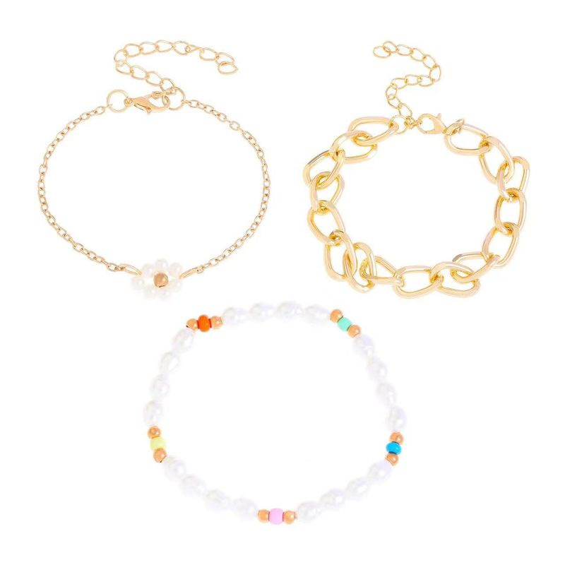 Minimalistisches kubanisches Armband-Set mit dicker Kette und Perlenblume für den Sommer_voghion.com