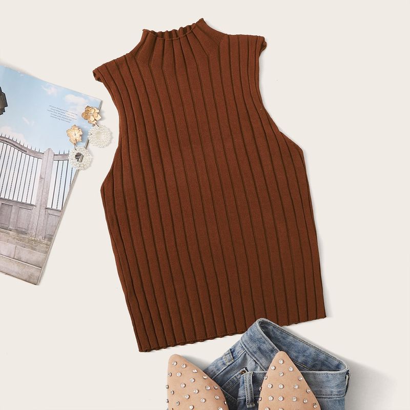 Canotta estiva da donna in maglia tinta unita, senza maniche, vestibilità attillata, con strisce sotto le ascelle_voghion.com