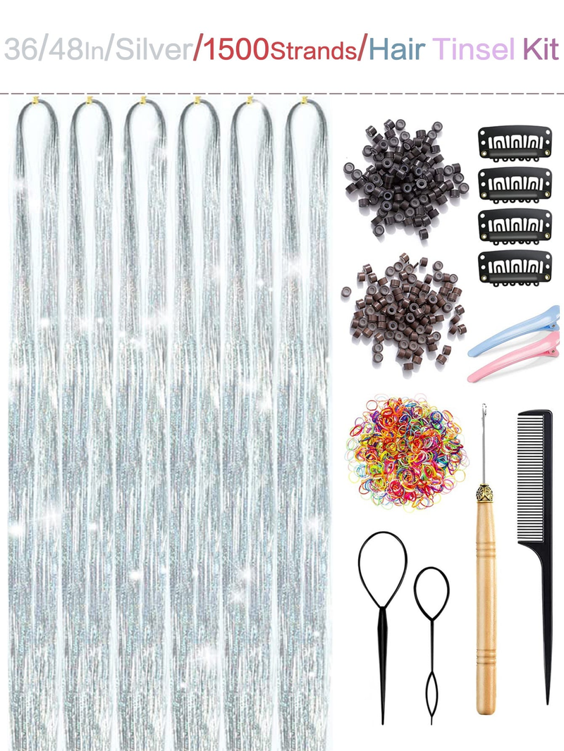 Sier-Set mit Werkzeug, Feenglitzer, 6 Stück, 1500 Strähnen, funkelnde, glänzende Lametta-Haarverlängerungen für Frauen und Mädchen_voghion.com