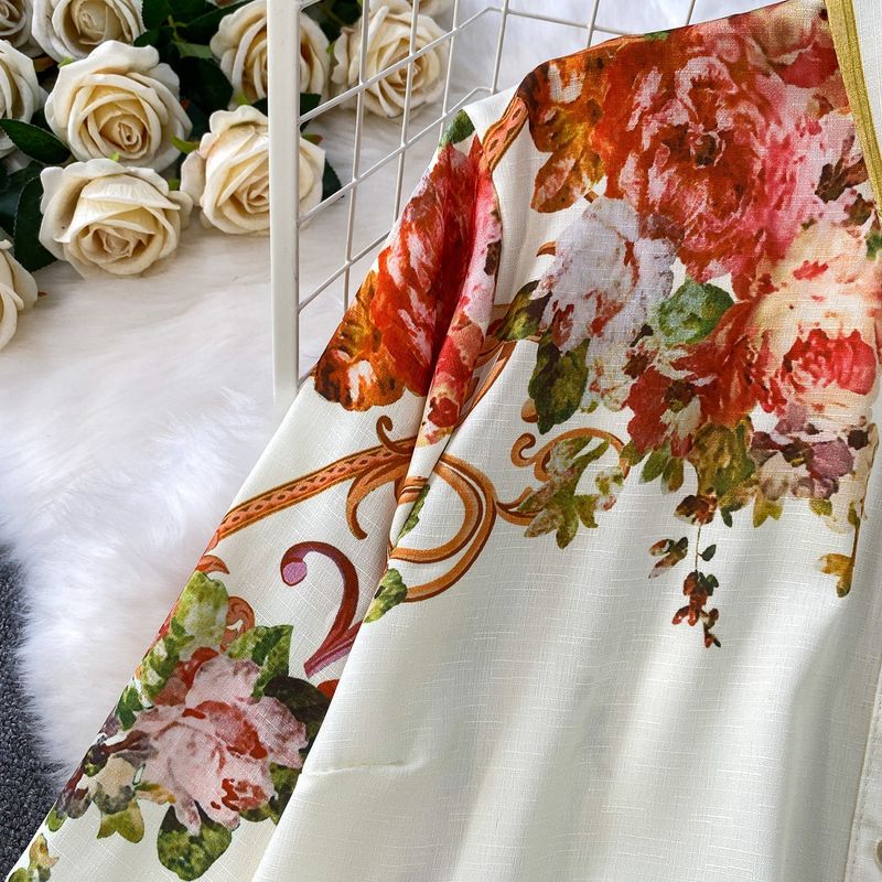 Vêtements pour femmes, style rétro, imprimé, simple boutonnage, revers, chemise à manches longues, taille haute, coupe ajustée, jupe plissée_voghion.com