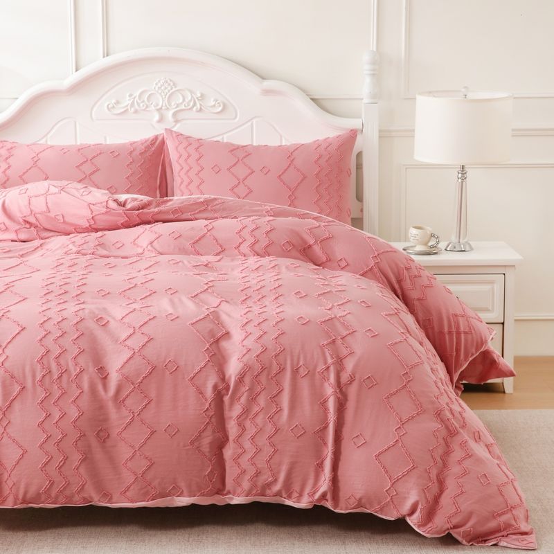 Nordisches geometrisches Bettbezug-Set – 3-teilige Jacquard-Bettwäsche mit altrosa Rautenmuster, Spannbettlaken-Stil_voghion.com