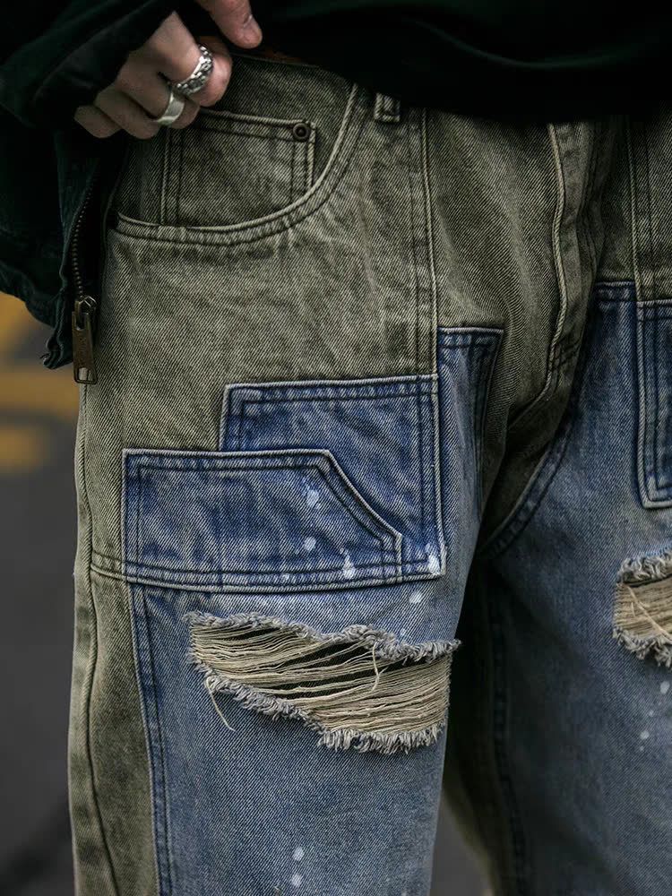 2025 Cross Border Splicing Destroyed Jeans Men's Fashion Brand American Retro Heavy Harem Lumberjack Overalls Beggar Pants_voghion.com