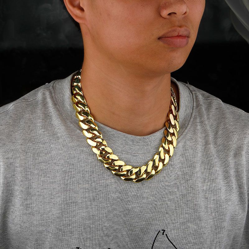 Collana con catena cubana galvanizzata in oro vero da 14/18/22 mm – Bracciale con fibbia a farfalla Hip Hop_voghion.com