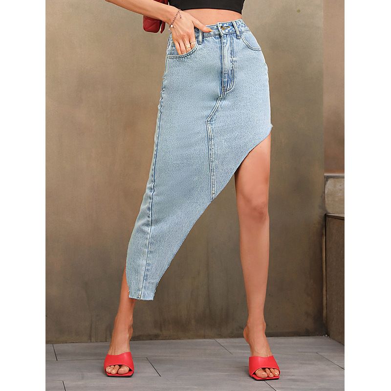 Damenbekleidung INS High Waist Hip Wrapped Split Jeansrock_voghion.com