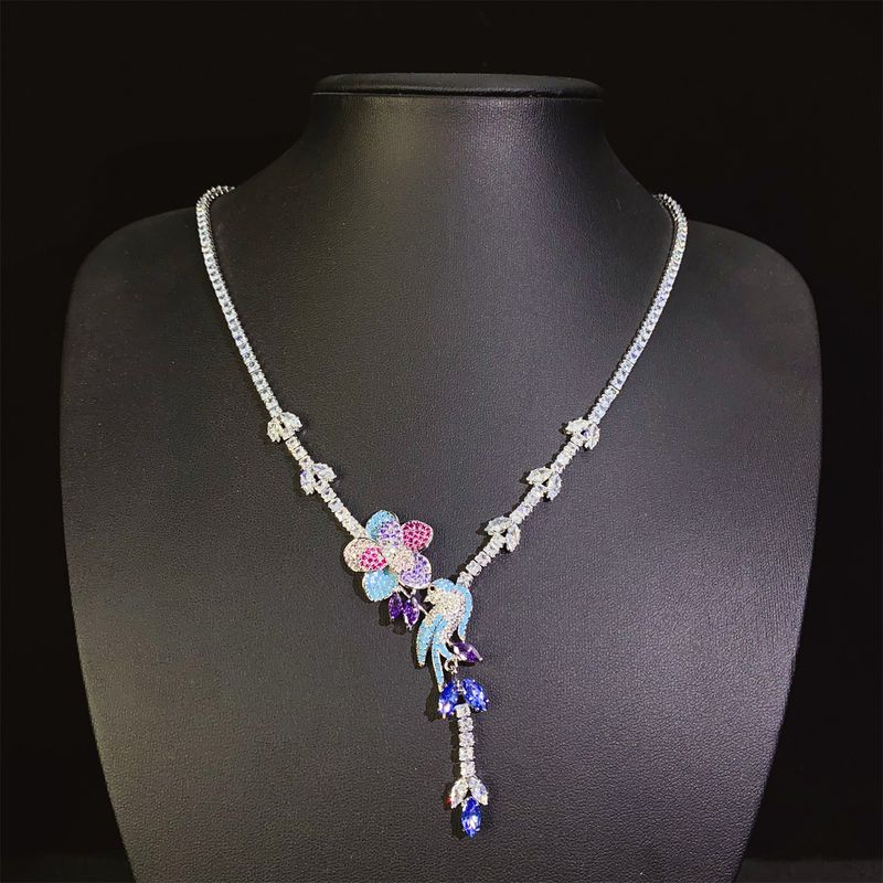 Vogel Song Blume Duft Koreanische Ausgabe Neue Freizeit Bankett 3A Zirkon quaste Anhänger frauen Halskette Ohrring Set_voghion.com