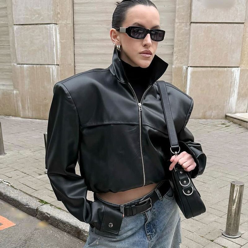 Veste de style motard automne-hiver, col montant, manteau en cuir, design élégant et tendance 2025, collection transfrontalière_voghion.com