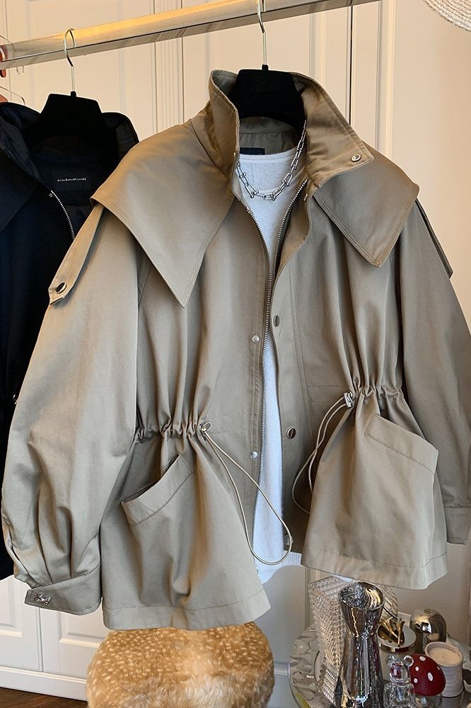 Abbigliamento da donna Giacca oversize elegante da donna con coulisse in vita - Cappotto corto casual per primavera e autunno (nero/kaki, S/M/L/XL)_voghion.com