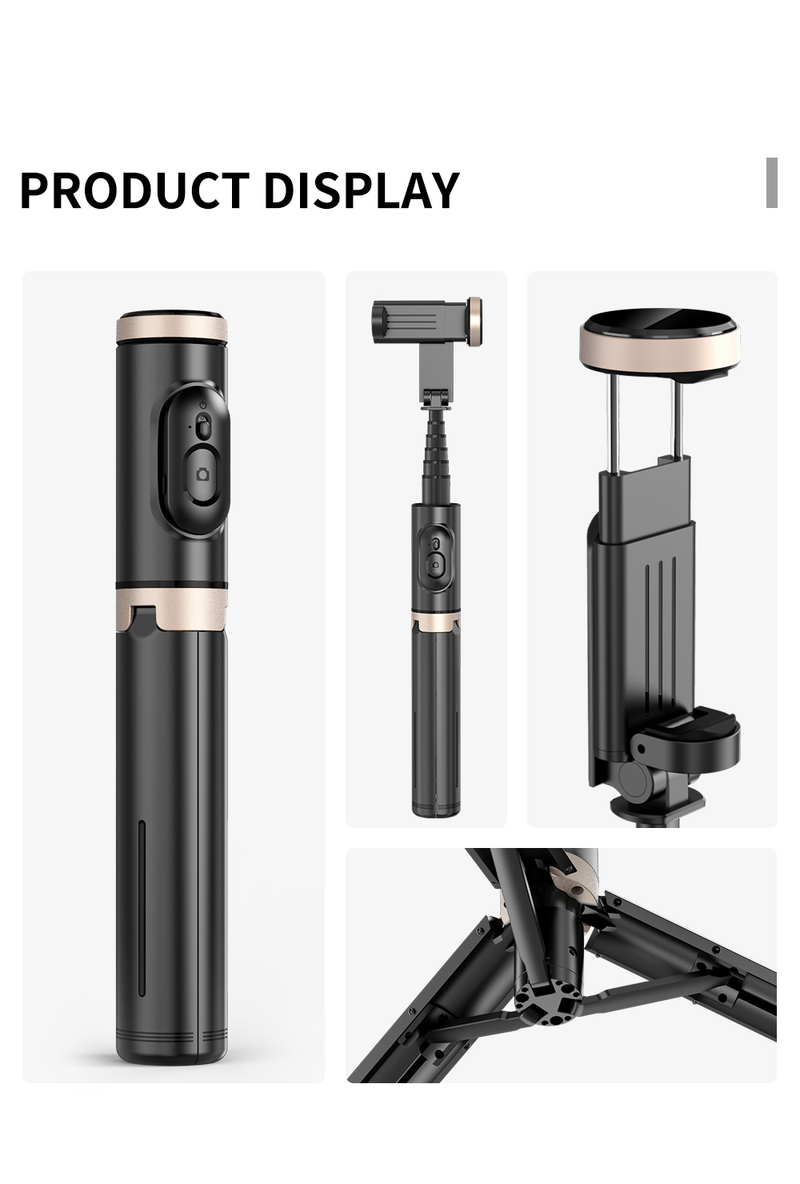 Perche à selfie 3-en-1 extensible noire en aluminium pour iPhone et smartphone, avec télécommande et déclencheur sans fil_voghion.com