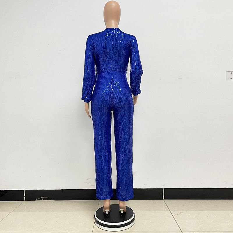 Damkläder Ins Style Deep V Mode Casual Jumpsuit Långärmat Bälte Paljett Jumpsuit Dam_voghion.com