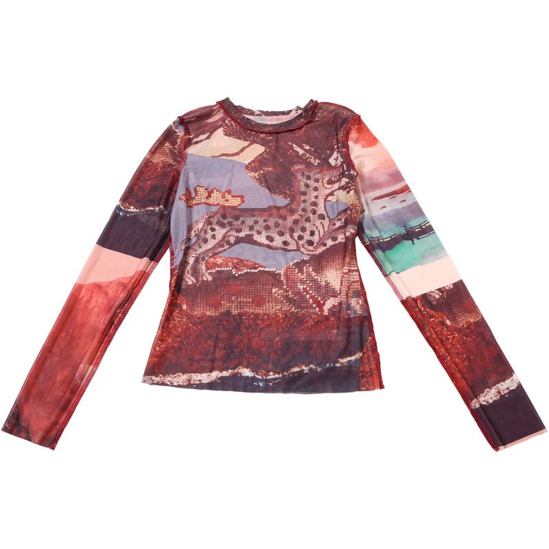 T-shirt slim à manches longues et col mi-haut pour femme, imprimé abstrait, coupe ajustée_voghion.com