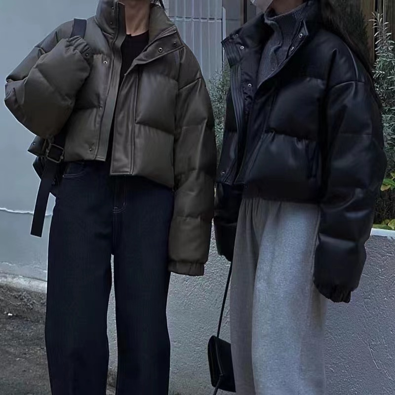 Abrigo corto de algodón y cuero PU para mujer, abrigo de invierno nuevo de pan grueso, abrigo para mujer, chaqueta acolchada para mujer, chaquetas para mujer_voghion.com