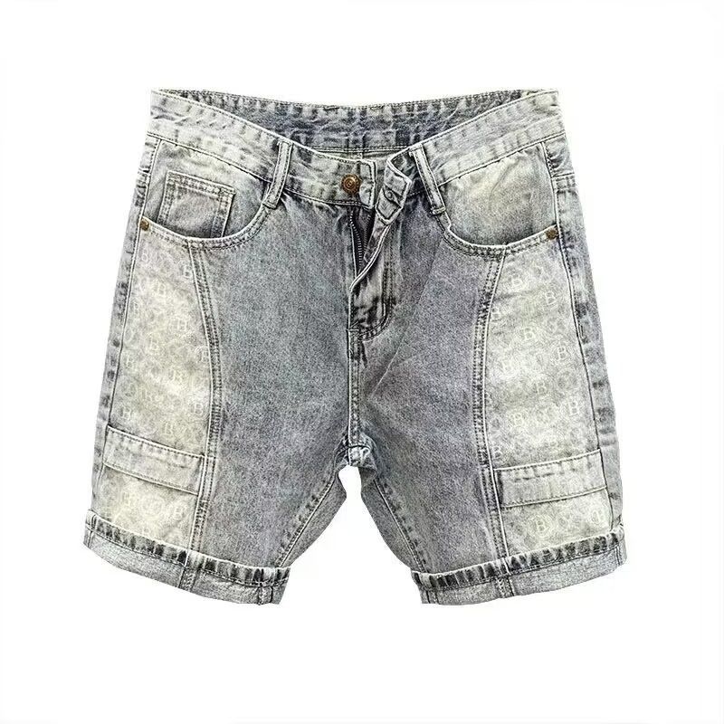 Pantaloncini estivi in denim sottile stampato blu da uomo, cuciture personalizzate, vestibilità slim, piede piccolo, cinque gambe, casual di media lunghezza_voghion.com