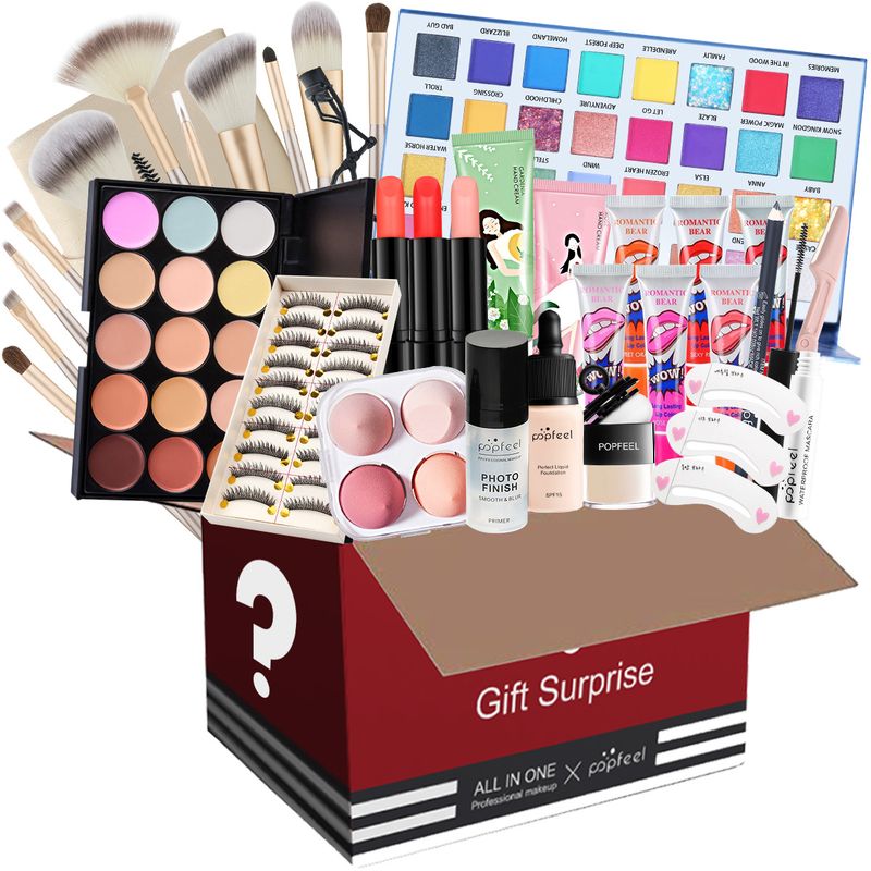 Caja sorpresa con combinación de maquillaje, sombra de ojos, lápiz labial, juego de brochas de maquillaje de base, color aleatorio_voghion.com