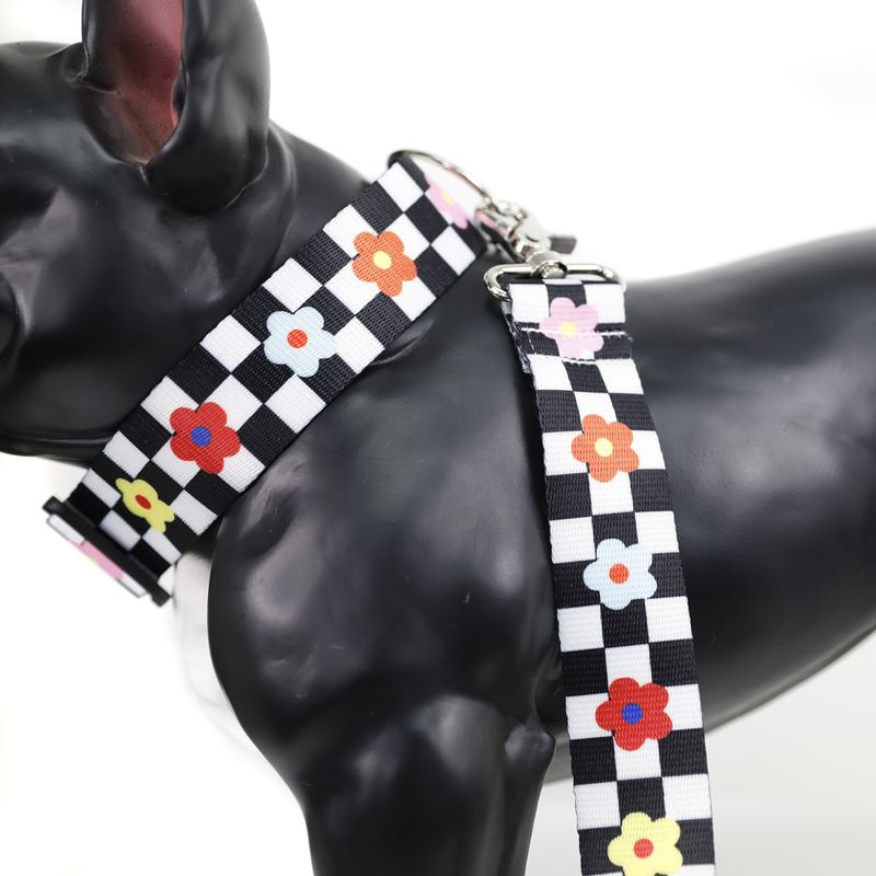 Pet Black And White Checkerboard Dog Harness Leash French Bulldog Walking Rope_voghion.com